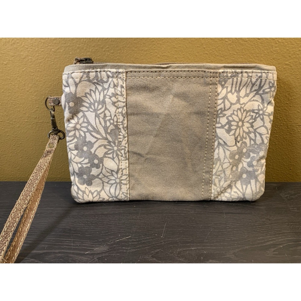 Chloe & Lex Canvas Leather Wristlet Pouch Purse Flower Boho Hippie Zip 9"x6"